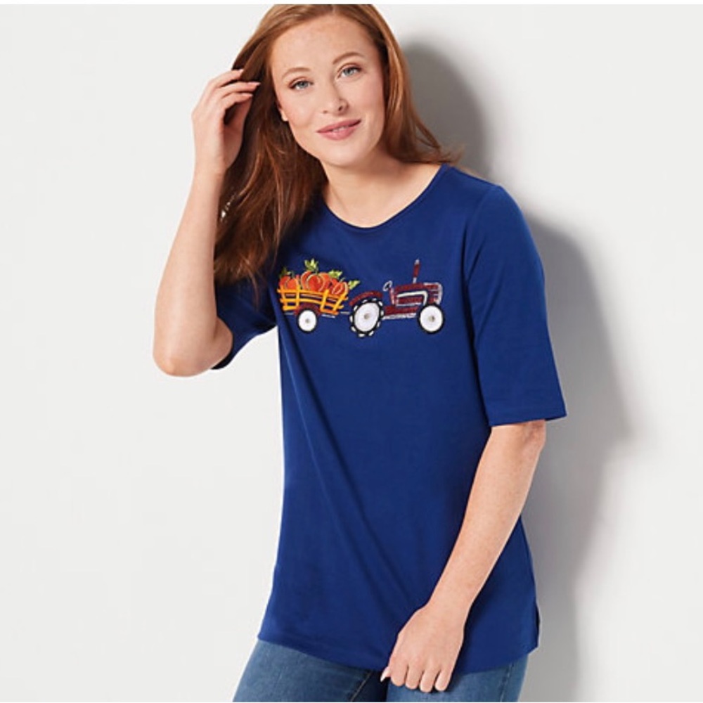 Quacker Factory elbow sleeve top with embroidery & glass beaded design